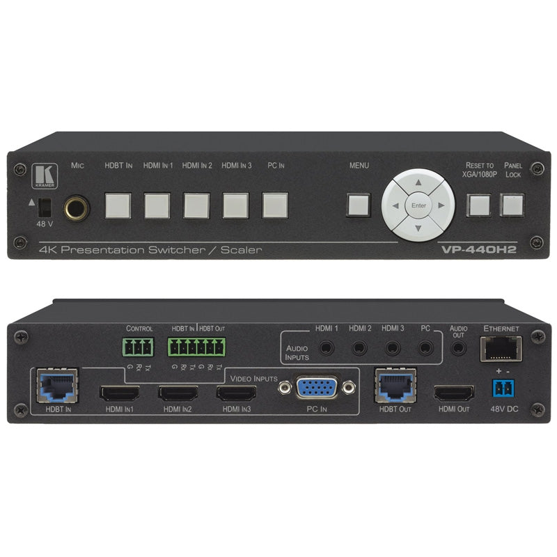 Kramer Electronics VP-440H2 Compact 5−Input 4K60 4:4:4 Presentation Switcher/Scaler with HDBaseT & HDMI Simultaneous Outputs