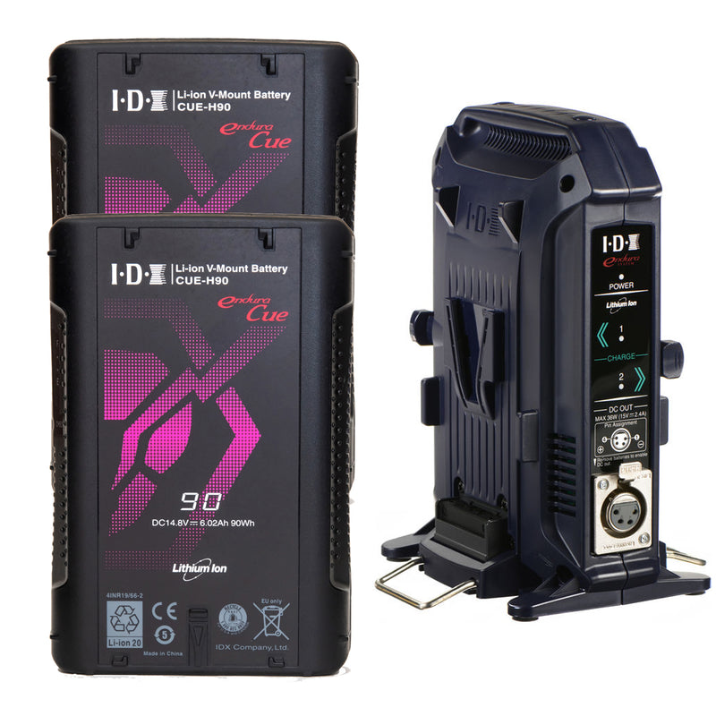 IDX EC-H90/2X V-Mount Battery Kit 2x CUE-H90 Batteries 1x VL-2X Charger with 4 pin XLR DC Output (36W)