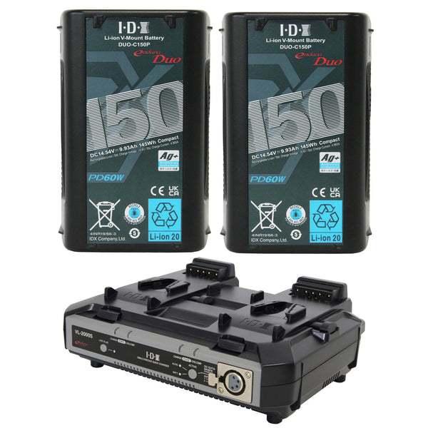 IDX 2 x DUO-C150P Batteries 1 x VL-2000S Simultaneous Charger with 4 pin XLR DC Output (100W)  - ED-CP150/2000S