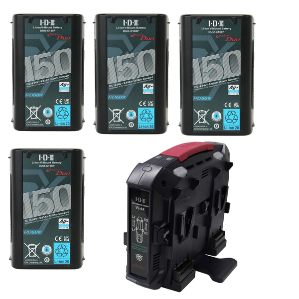 IDX 4 x DUO-C150P Batteries 1 x VL-4X Charger with 4 pin XLR DC output (90W) - ED-CP150/4X