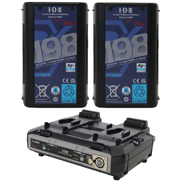 IDX 2 x DUO-C198P Batteries 1 x VL-2000S Simultaneous Charger with 4 pin XLR DC Output (100W) - ED-CP198/2000S