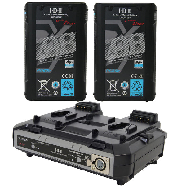 IDX 2 x DUO-C98P Batteries 1 x VL-2000S Simultaneous Charger with 4 pin XLR DC Output (100W)  - ED-CP98/2000S