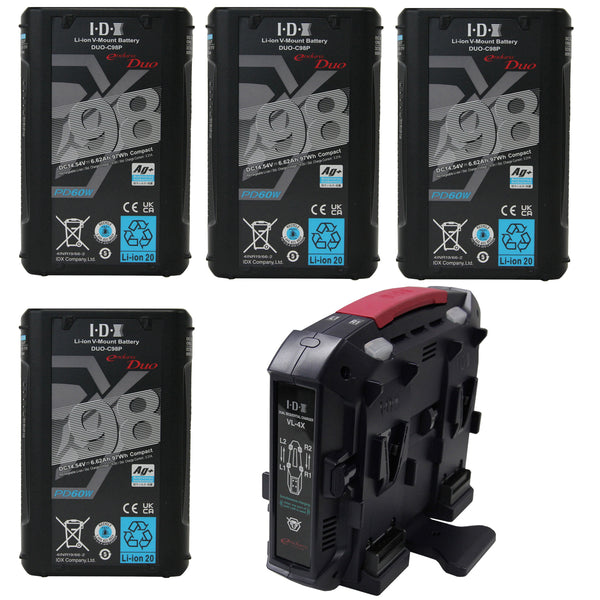 IDX 4 x DUO-C98P Batteries 1 x VL-4X Charger, with 4 pin XLR DC output (90W) - ED-CP98/4X