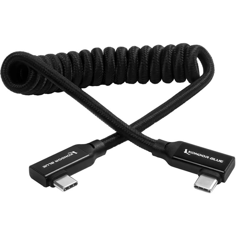 KONDOR BLUE USB C 3.1 Right Angle Braided Cable for 8K Data and Power Delivery Raven Black Coiled 12"-24" - KONUSBCCRABK