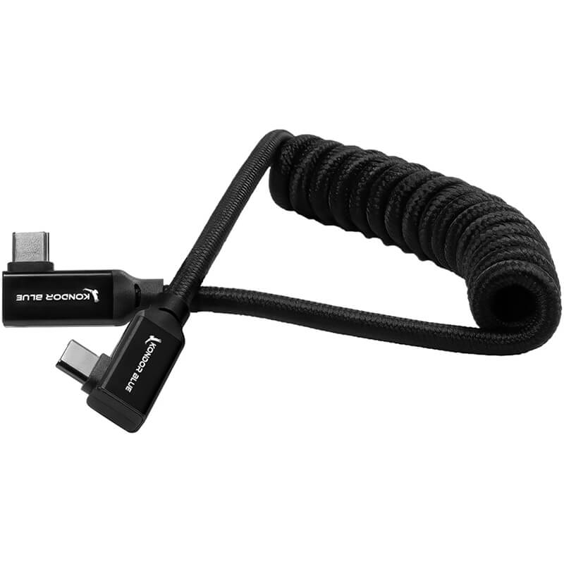 KONDOR BLUE USB C 3.1 Right Angle Braided Cable for 8K Data and Power Delivery Raven Black Coiled 12"-24" - KONUSBCCRABK